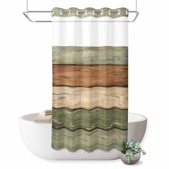 No Hook Shower Curtain, Farmhouse Sage Green Brown Shower Curtains for Bathroom with See Through Top Window, Vintage Wooden Striped Waterproof & Washable Bath Curtain Stand Up Stall 36"x72"