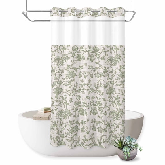 No Hook Shower Curtain, Farmhouse Sage Green Shower Curtains for Bathroom with See Through Top Window, Vintage Flower Leaf Botanical Waterproof & Washable Bath Curtain Narrow 54"x78"