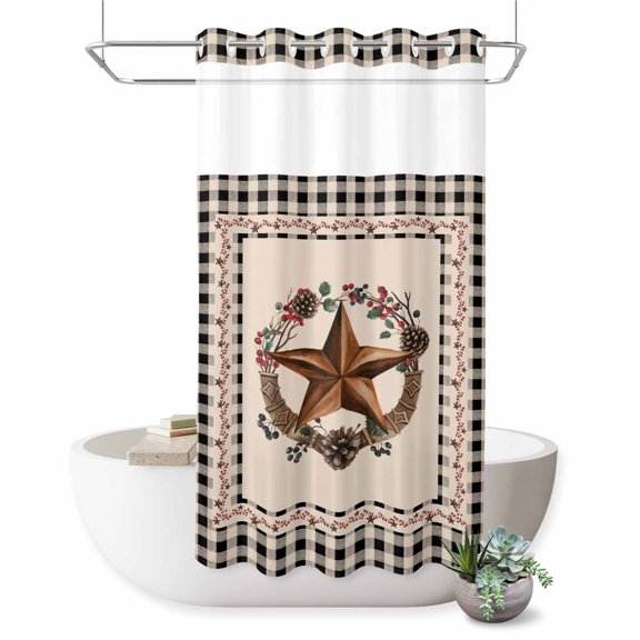 No Hook Shower Curtain, Farmhouse Shower Curtains for Bathroom with See Through Top Window, Country Star Berry Plaid Lodge Grey Brown Waterproof & Washable Bath Curtain Stand Up Stall 36"x72"