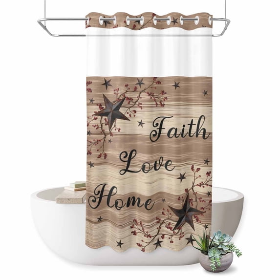 No Hook Shower Curtain, Farmhouse Star Brown Shower Curtains for Bathroom with See Through Top Window, Retro Branches Berry Wooden Grain Waterproof & Washable Bath Curtain Small Stall 36"x78"