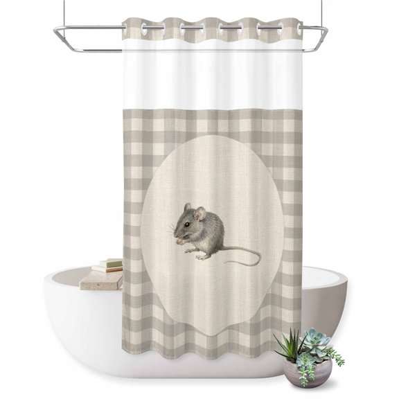 No Hook Shower Curtain, Field Mouse Shower Curtains for Bathroom with See Through Top Window, Farmhouse Grey Plaid Vintage Animals Waterproof & Washable Bath Curtain Stand Up Stall 36"x72"