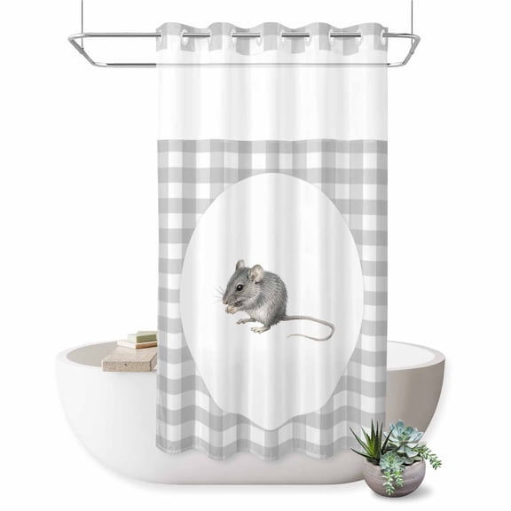 No Hook Shower Curtain, Field Mouse Shower Curtains for Bathroom with See Through Top Window, Modern Grey Plaid Farmhouse Animals Waterproof & Washable Bath Curtain Stand Up Stall 36"x72"