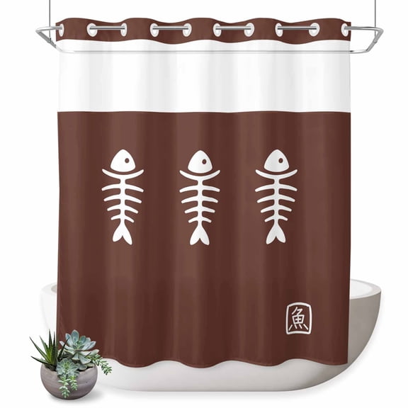 No Hook Shower Curtain Fish Shower Curtain for Bathroom Harmony Japanese Style Brown Bath Curtains Waterproof Fabric with See Through Top Window for Spa Hotel 72x72 Inch