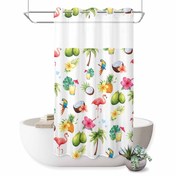 No Hook Shower Curtain, Flamingos Shower Curtains for Bathroom with See Through Top Window, Tropical Summer Botanical Fruits Waterproof & Washable Bath Curtain Stand Up Stall 36"x72"