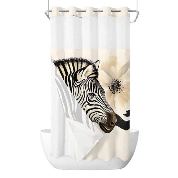 No Hook Shower Curtain, Floral Zebra Small Shower Curtains with Snap in Liner, Black Stripes Flowers Plant Spring Botanical Waterproof Washable Fabric Bathroom Curtain Sets, 36"W x 72"L