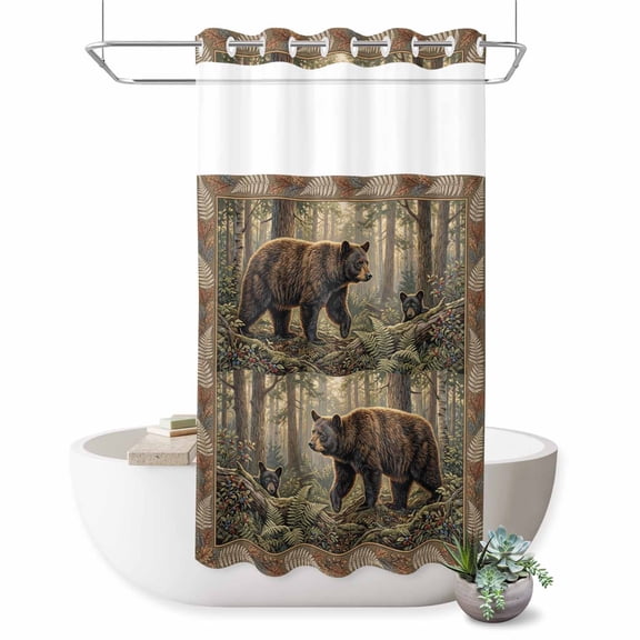 No Hook Shower Curtain Forest Bear Shower Curtain for Bathroom Animal Sunlight Tree Leaves Bath Curtains Waterproof Fabric with See Through Top Window for Spa Hotel 36x72 Inch