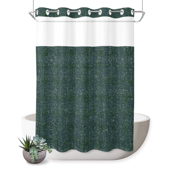 No Hook Shower Curtain, Forest Green Shower Curtains for Bathroom with See Through Top Window, Farmhouse Vintage Green Solid Color Waterproof & Washable Bath Curtain Stall 48"x72"