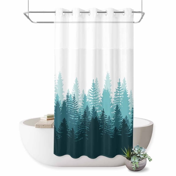 No Hook Shower Curtain Forest Tree Shower Curtain for Bathroom Misty Forest Landscape Nature Bath Curtains Waterproof Fabric with See Through Top Window for Spa Hotel 36x72 Inch