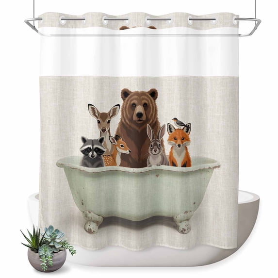 No Hook Shower Curtain, Funny Animals Shower Curtains for Bathroom with See Through Top Window, Woodland Bathtub Wildlife Watercolor Bear Waterproof & Washable Bath Curtain Long 72"x78"