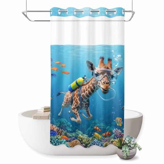 No Hook Shower Curtain, Funny Diving Giraffe Shower Curtains for Bathroom with See Through Top Window, Ocean Coastal Coral Fish Marine Life Waterproof & Washable Bath Curtain Stand Up Stall 36"x72"