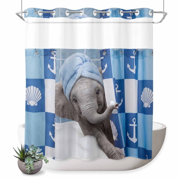 No Hook Shower Curtain, Funny Elephant Shower Curtains for Bathroom with See Through Top Window, Cute Art Modern Lovely Animals on Showering Waterproof & Washable Bath Curtain Long 72"x78"
