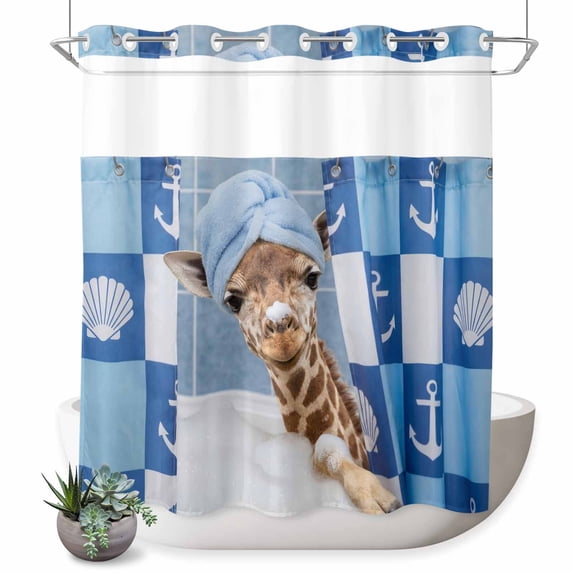 No Hook Shower Curtain, Funny Giraffe Shower Curtains for Bathroom with See Through Top Window, Cute Art Modern Lovely Animals on Showering Waterproof & Washable Bath Curtain Long 72"x78"