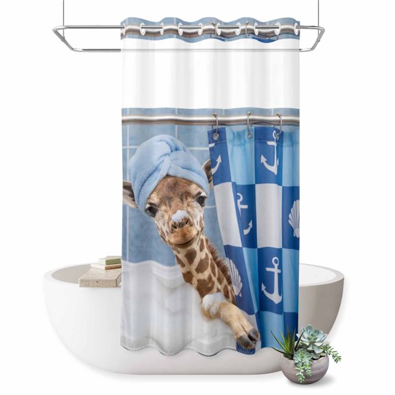 No Hook Shower Curtain, Funny Giraffe Shower Curtains for Bathroom with See Through Top Window, Cute Art Modern Lovely Animals on Showering Waterproof & Washable Bath Curtain Stand Up Stall 36"x72"