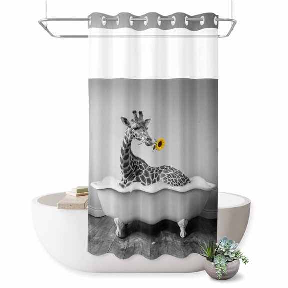 No Hook Shower Curtain, Funny Giraffes Shower Curtains for Bathroom with See Through Top Window, Cute Art Vintage Lovely Animals on Bathtub Waterproof & Washable Bath Curtain Stand Up Stall 36"x72"