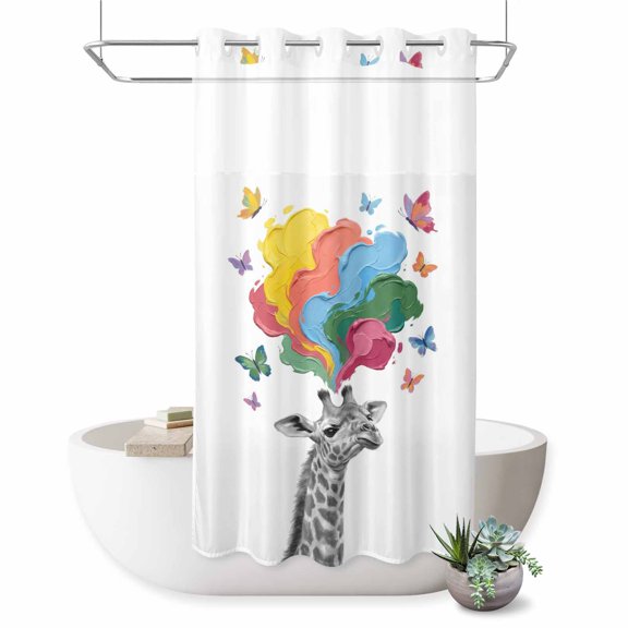 No Hook Shower Curtain, Funny Giraffes Shower Curtains for Bathroom with See Through Top Window, Modern Abstract Art Colorful Clouds Waterproof & Washable Bath Curtain Stand Up Stall 36"x72"