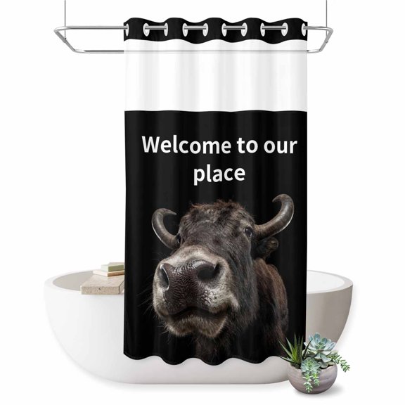 No Hook Shower Curtain, Funny Yak Shower Curtains for Bathroom with See Through Top Window, Welcome To OUR Place Modern Retro Waterproof & Washable Bath Curtain Stand Up Stall 36"x72"