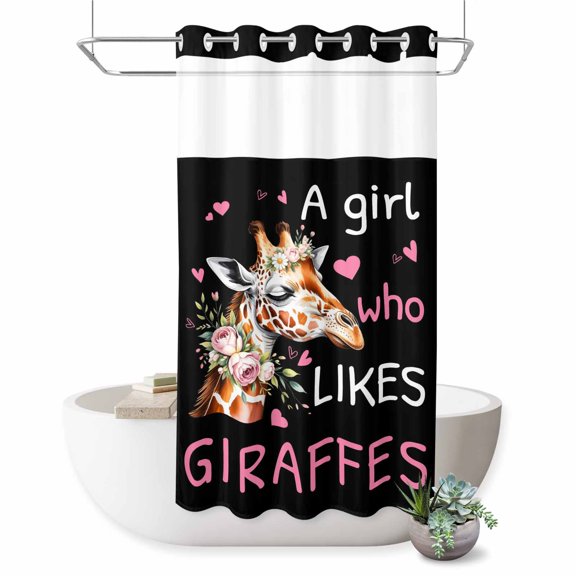 No Hook Shower Curtain, Giraffes Flowers Shower Curtains for Bathroom with See Through Top Window, A Girl Who Likes Giraffes Elegant Animals Black Waterproof Bath Curtain Stand Up Stall 36"x72"