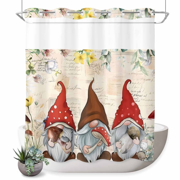 No Hook Shower Curtain, Gnomes Spring Floral Shower Curtains for Bathroom with See Through Top Window, Daisy White Pastoral Flowers Waterproof & Washable Bath Curtain Standard 72"x72"