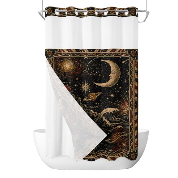 No Hook Shower Curtain, Golden Black Small Shower Curtains with Snap in Liner, Coastal Sun Moon Mysterious Abstract Waterproof Washable Fabric Bathroom Curtain Set, 36" x 72"