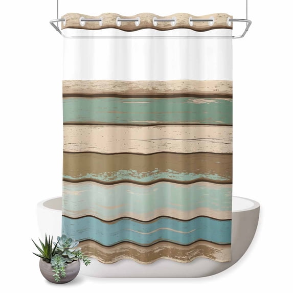 No Hook Shower Curtain, Green Blue Brown Farmhouse Shower Curtains for Bathroom with See Through Top Window, Vintage Wood Waterproof & Washable Bath Curtain Extra Long 72"x84"