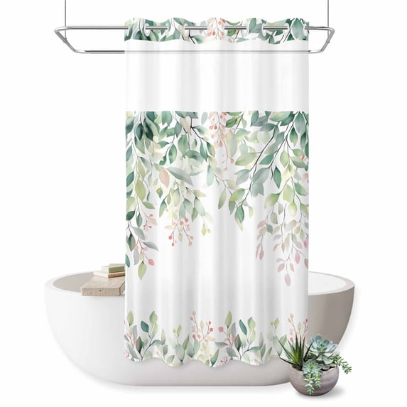 No Hook Shower Curtain,Green Botanical Waterproof Shower Curtains for Bathroom,Watercolor Floral Spring Eucalyptus Leaves Bathroom Curtain with Mesh Top Window for Home Hotel Bathtub,Stall 36"x72"