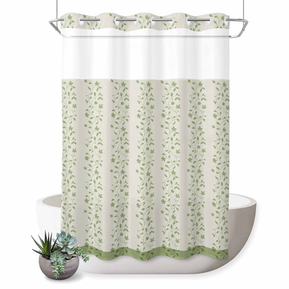 No Hook Shower Curtain, Green Floral Shower Curtains for Bathroom with See Through Top Window, Spring Flowers Waterproof & Washable Bath Curtain Stall 48"x72"