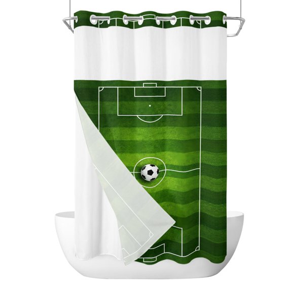 No Hook Shower Curtain, Green Football Field Small Shower Curtains with Snap in Liner, Center Circle Soccer Ball Waterproof Washable Fabric Bathroom Curtain Set, 36" x 78"