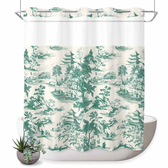 No Hook Shower Curtain Green Garden Landscape Shower Curtain for Bathroom Retro Chinese Style Bath Curtains Waterproof Fabric with See Through Top Window for Spa Hotel 72x72 Inch