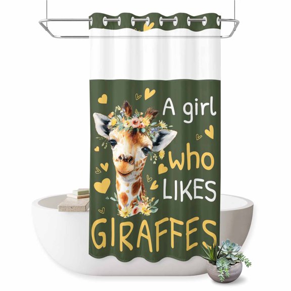 No Hook Shower Curtain, Green Giraffe Shower Curtains for Bathroom with See Through Top Window, Love Heart Spring Floral Botanical Waterproof & Washable Bath Curtain Stand Up Stall 36"x72"