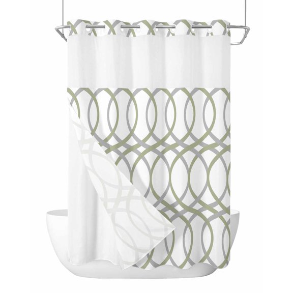 No Hook Shower Curtain, Green Grey Geometric Standard Shower Curtains with Snap in Liner, Abstract Modern Twisted Lines Art Waterproof Washable Fabric Bathroom Curtain Sets, 60" x 72"