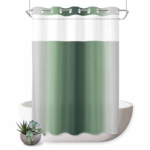 No Hook Shower Curtain, Green Grey Ombre Shower Curtains for Bathroom with See Through Top Window, Farmhouse Gradient Minimalist Waterproof & Washable Bath Curtain 60"x72"