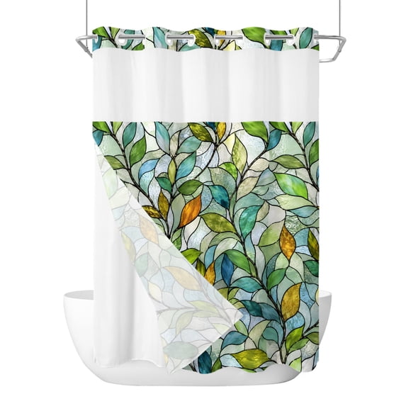 No Hook Shower Curtain, Green Leaves Extra Long Bathtub Curtains with Snap in Liner, Stained Glass Chic Botanical Branches Waterproof Washable Fabric Shower Curtain Set, 72" x 96"