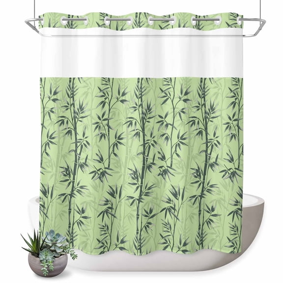 No Hook Shower Curtain Green Leaves Shower Curtain for Bathroom Leaf Branch Plant Chinese Style Bath Curtains Waterproof Fabric with See Through Top Window for Spa Hotel 72x72 Inch