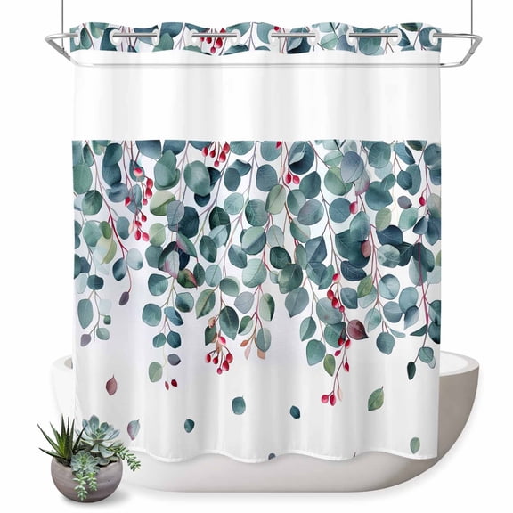 No Hook Shower Curtain Green Leaves Shower Curtain for Bathroom Watercolor Fruit Branch Plant Bath Curtains Waterproof Fabric with See Through Top Window for Spa Hotel 72x72 Inch