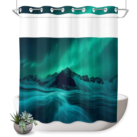 No Hook Shower Curtain, Green Light Mountain Shower Curtains for Bathroom with See Through Top Window, Winter Snowy Natural Scenery Waterproof & Washable Bath Curtain Long 72"x78"
