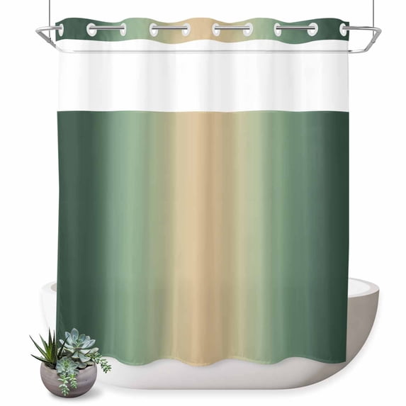 No Hook Shower Curtain, Green Ombre Shower Curtains for Bathroom with See Through Top Window, Modern Yellow Gradient Farmhouse Art Waterproof & Washable Bath Curtain 66"x72"