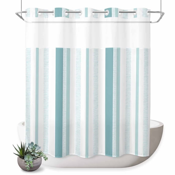 No Hook Shower Curtain, Green Simple Lines Shower Curtains for Bathroom with See Through Top Window, Modern Minimalist Stripes Pattern Waterproof & Washable Bath Curtain Long 72"x78"
