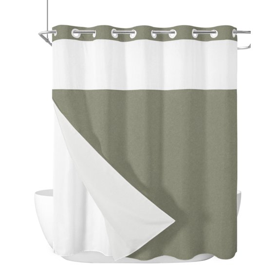 No Hook Shower Curtain, Green Solid Color Standard Shower Curtains with Snap in Liner, Modern Minimalist Pure Color Waterproof Washable Fabric Bathroom Curtain Set, 66" x 72"