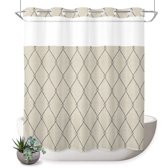 No Hook Shower Curtain, Grey Beige Lattice Geometric Shower Curtains for Bathroom with See Through Top Window, Luxury Abstract Art Waterproof & Washable Bath Curtain 66"x72"