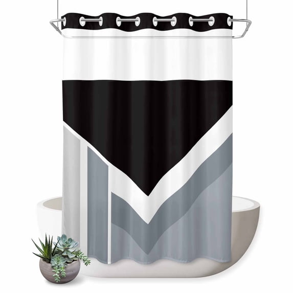 No Hook Shower Curtain, Grey Black Geometric Shower Curtains for Bathroom with See Through Top Window, Modern Abstract Lines Color Blocks Waterproof & Washable Bath Curtain Stall 48"x72"