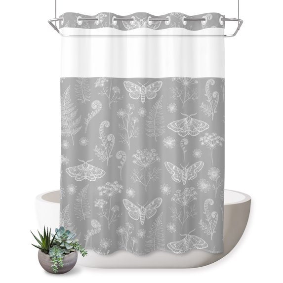 No Hook Shower Curtain, Grey Butterfly Botanical Shower Curtains for Bathroom with See Through Top Window, Summer Plants Line Art Waterproof & Washable Bath Curtain Extra Long 72"x96"