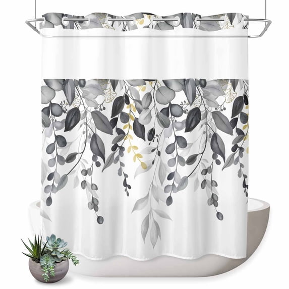 No Hook Shower Curtain, Grey Eucalyptus Shower Curtains for Bathroom with See Through Top Window, Watercolor Spring Weeping Botanical Waterproof & Washable Bath Curtain 66"x72"
