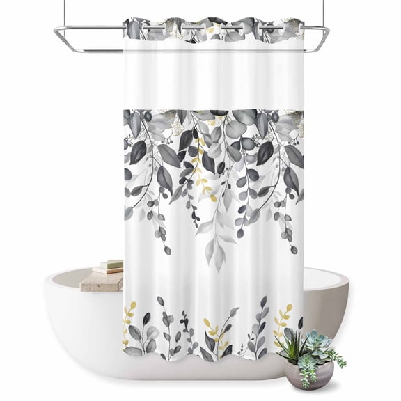 No Hook Shower Curtain, Grey Eucalyptus Shower Curtains for Bathroom with See Through Top Window, Watercolor Spring Weeping Botanical Waterproof & Washable Bath Curtain Small Stall 36"x78"