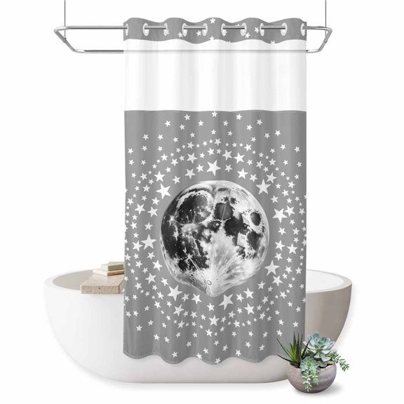 No Hook Shower Curtain, Grey Moon Shower Curtains for Bathroom with See Through Top Window, Modern Abstract Minimalist Stars Artwork Waterproof & Washable Bath Curtain Small Stall 36"x78"