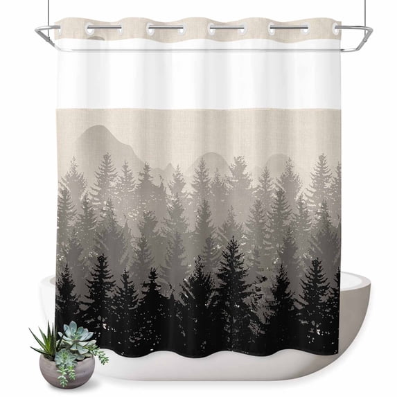 No Hook Shower Curtain, Grey Ombre Shower Curtains for Bathroom with See Through Top Window, Fall Forest Black Abstract Art Harvest Burlap Waterproof & Washable Bath Curtain Long 72"x78"