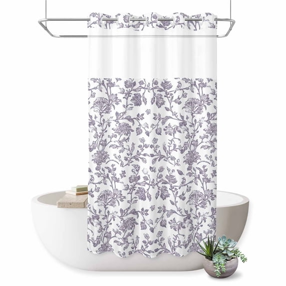 No Hook Shower Curtain, Grey-Purple Flower Shower Curtains for Bathroom with See Through Top Window, Vintage Farmhouse Boho Leaf Spring Waterproof & Washable Bath Curtain Small Stall 36"x78"