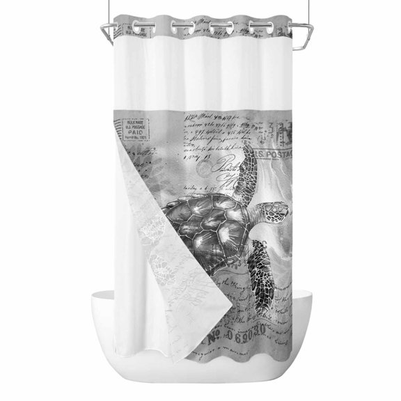 No Hook Shower Curtain, Grey Sea Turtle Small Shower Curtains with Snap in Liner, Coastal Nautical Summer Beach Vintage Waterproof Washable Fabric Bathroom Curtain Sets, 36"W x 72"L