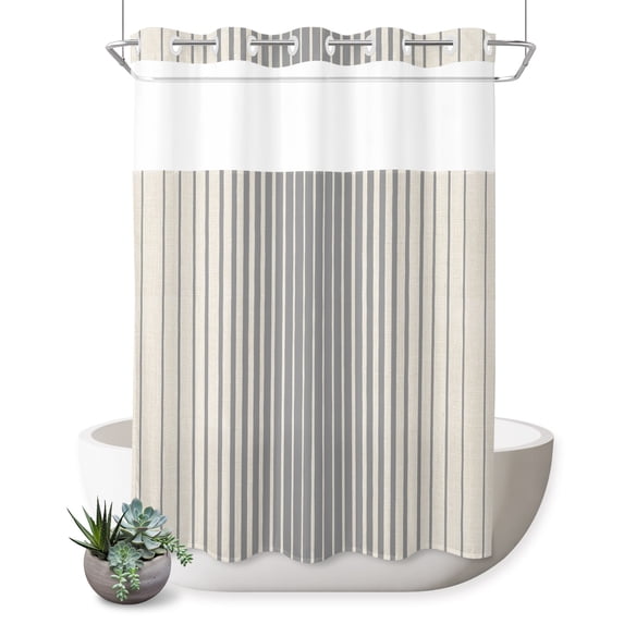 No Hook Shower Curtain, Grey Striped Shower Curtains for Bathroom with See Through Top Window, Farmhouse Beige Stripes Vintage Rustic Waterproof & Washable Bath Curtain Extra Long 72"x96"