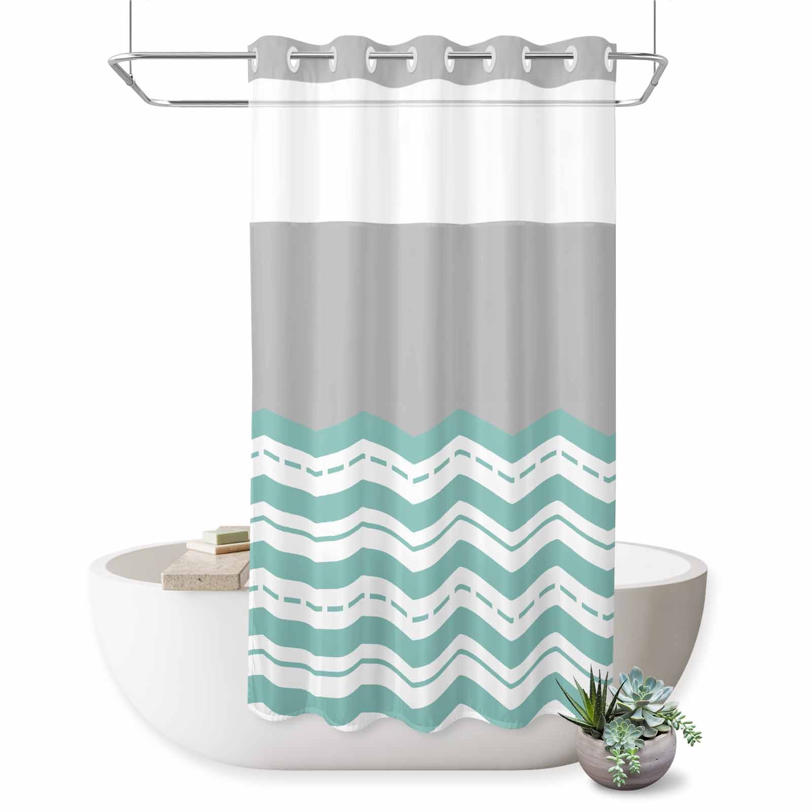 No Hook Shower Curtain Grey Turquoise Waves Shower Curtain for Bathroom Chevron Stripe Bath Curtains Waterproof Fabric with See Through Top Window for Spa Hotel 36x72 Inch