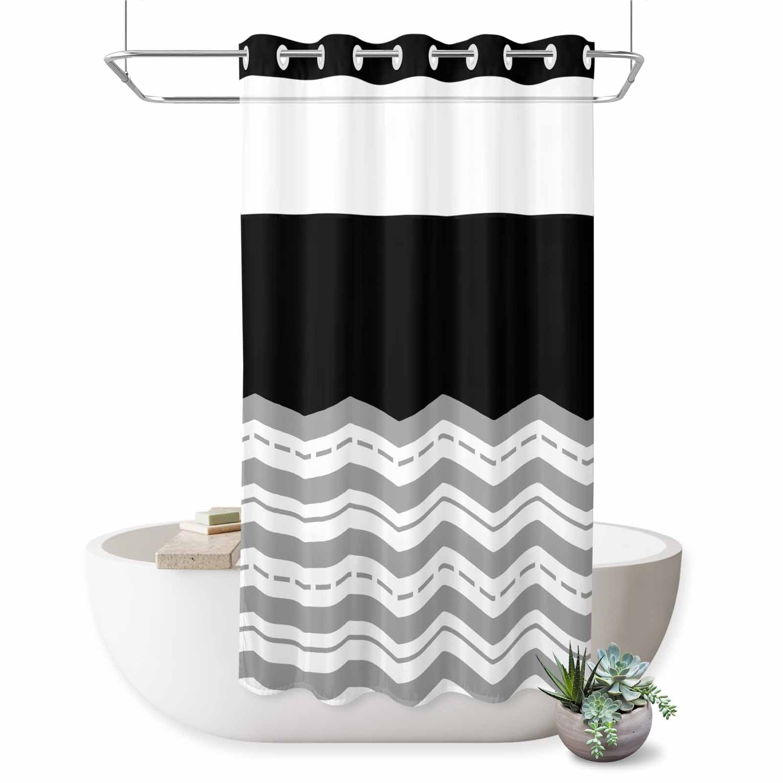 No Hook Shower Curtain Grey Waves Shower Curtain for Bathroom Black Chevron Stripe Bath Curtains Waterproof Fabric with See Through Top Window for Spa Hotel 36x72 Inch